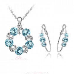 Platinum plated sky blue CZ diamonds ring shaped pendant with earrings